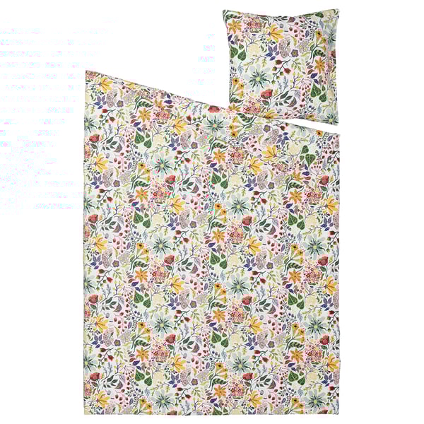 STRANDLUMMER duvet set, white with colorful floral pattern, rectangular, cotton, soft, textured.