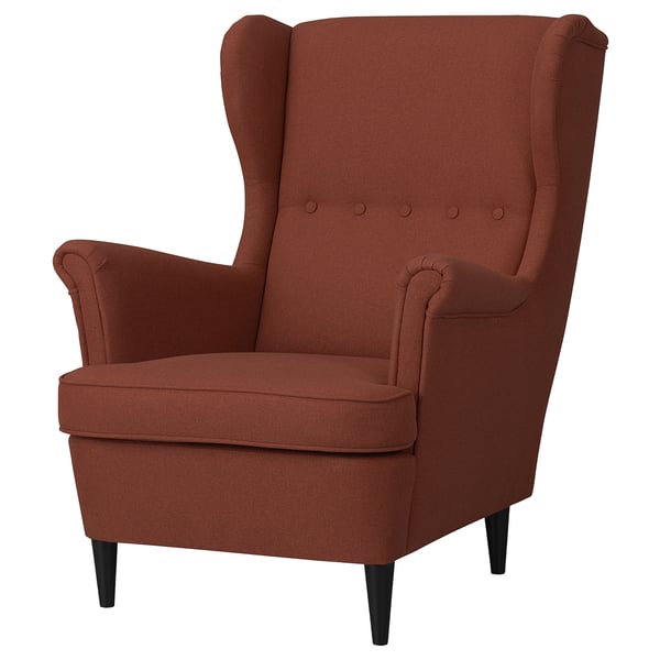 STRANDMON chair, reddish-brown, wingback design, upholstered in fabric, curved armrests and high back.