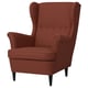 STRANDMON chair, reddish-brown, wingback design, upholstered in fabric, curved armrests and high back.