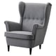 Gray upholstered STRANDMON wing chair, classic design, high back for comfort.