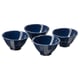 Four dark blue ceramic bowls, round and shallow, arranged in a square, featuring subtle floral patterns.