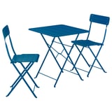 A blue metal outdoor furniture set, including a square table and two folding chairs, designed for small spaces.