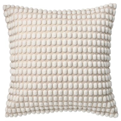 A SVARTPOPPEL off-white cushion cover, featuring a soft, textured, pom-pom design. Square shape, with eco-friendly recycled polyester material.