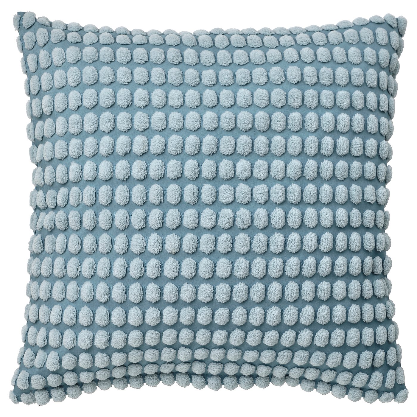 A soft, pale blue square cushion with a textured, patterned cover made from recycled polyester.