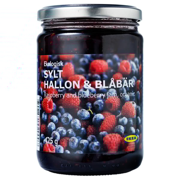 Jar of SYLT HALLON & BLÅBÄR organic raspberry and blueberry jam, 425g by IKEA.