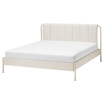 TÄLLÅSEN bed: cream, upholstered, metal frame, clean lines, headboard.