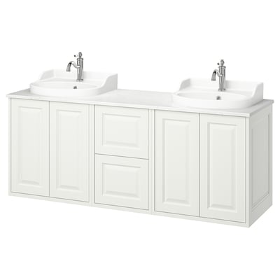 White TÄNNFORSEN double vanity with sinks, cabinets, chrome fixtures.