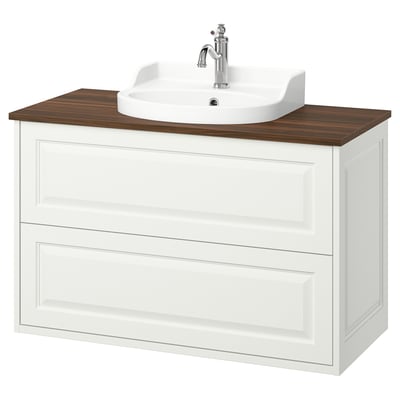 TÄNNFORSEN white bathroom vanity with wooden top, chrome tap, classic design.