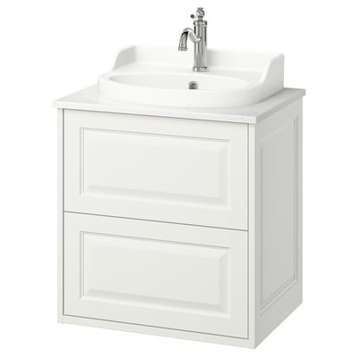 White TÄNNFORSEN vanity, classic design, ceramic sink, chrome faucet, drawers.
