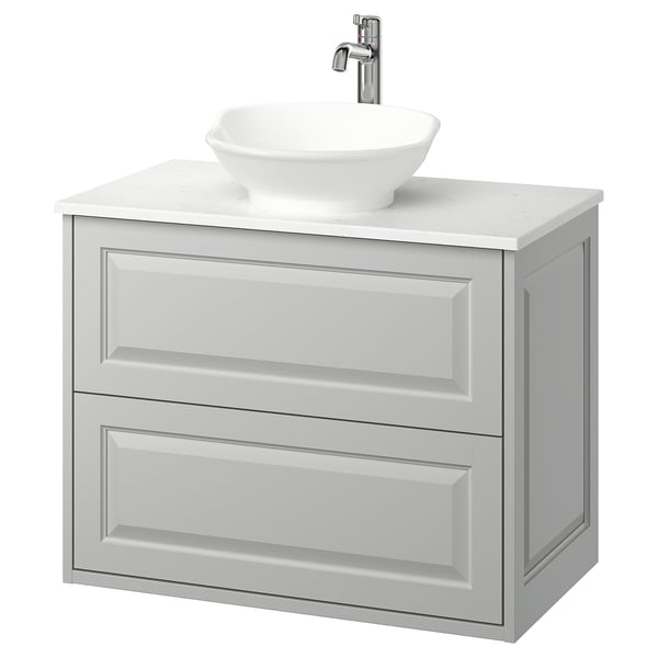 TÄNNFORSEN: grey wall-mounted bathroom cabinet, marble countertop, round white basin, classic design.