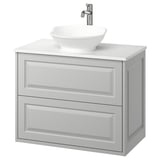 TÄNNFORSEN: grey wall-mounted bathroom cabinet, marble countertop, round white basin, classic design.
