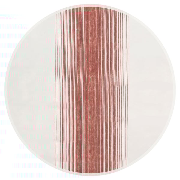 Circular tablecloth, white with vertical red lines, made from recycled polyester.