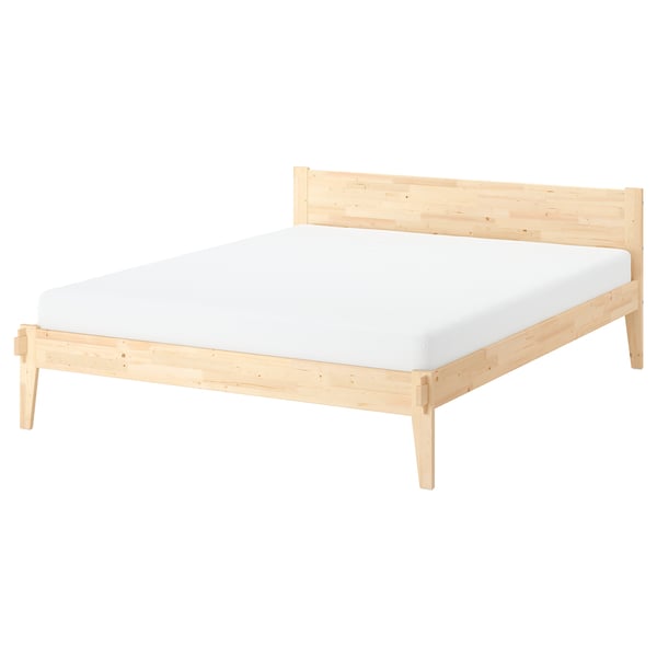 Taxasklint bed, light wood, rectangular, minimalist design with headboard and footboard, natural finish.