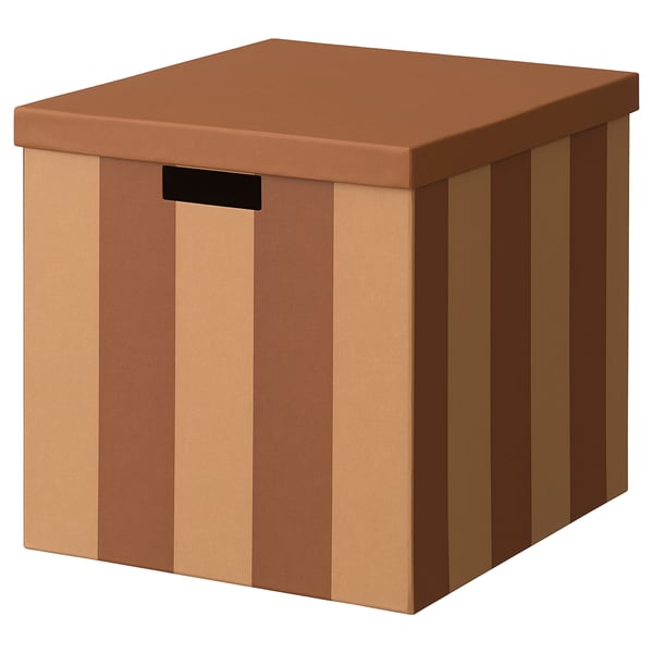 Brown striped storage box with lid and handle, square shape.