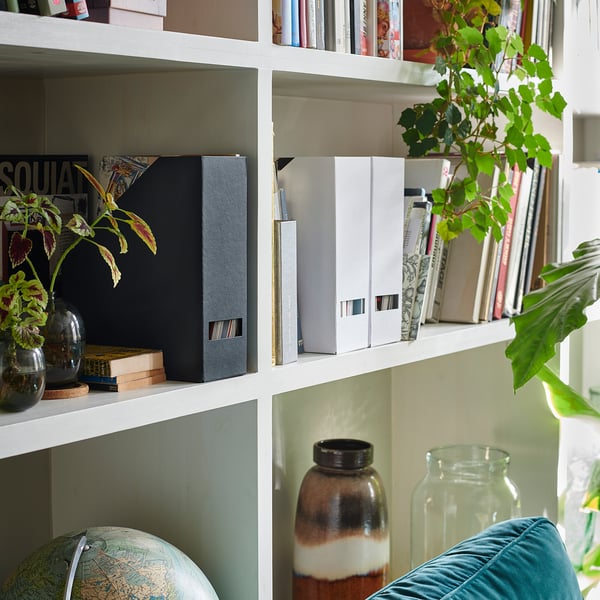 White bookshelf with decor items - globe, vases, files, books, and plants.