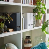 White bookshelf with decor items - globe, vases, files, books, and plants.