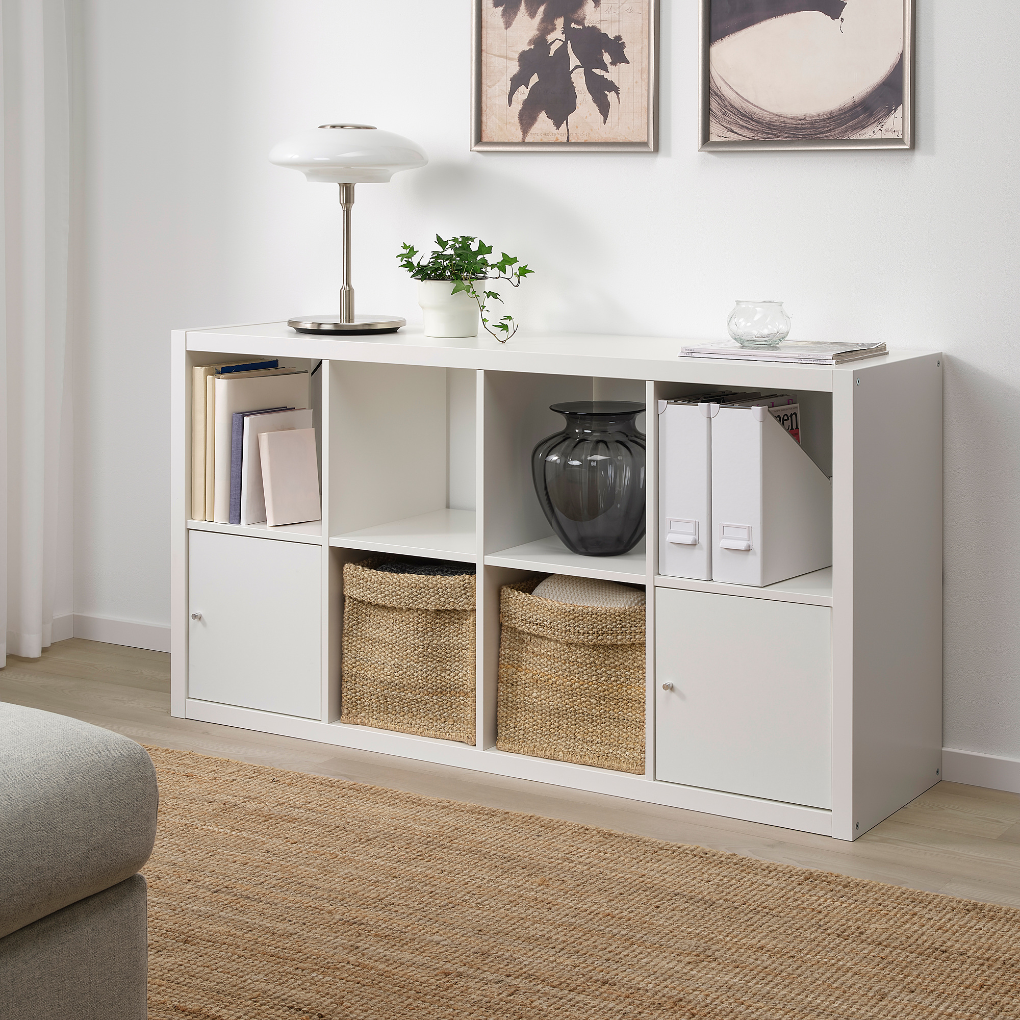 White TJILLEVIPS jute basket in shelf, elegant & natural, fits kallax units.
