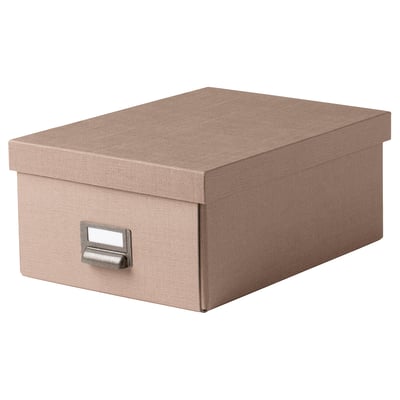 A light brown TJOG storage box with a lid and metal label holder, designed for organizing various items.