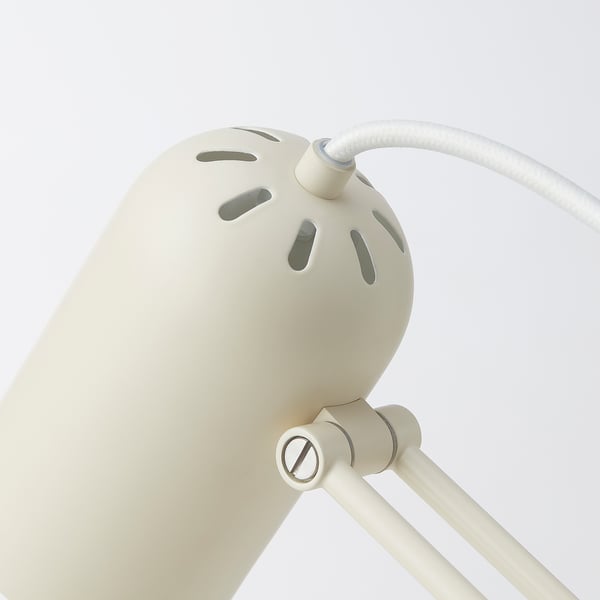 Adjustable white desk lamp with round shade, sturdy steel base, and flexible arm. Excellent build quality for durability.