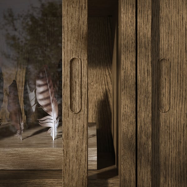 Wooden cabinet with sliding doors, modern design, oak grain and brushed finish.