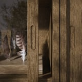 Wooden cabinet with sliding doors, modern design, oak grain and brushed finish.