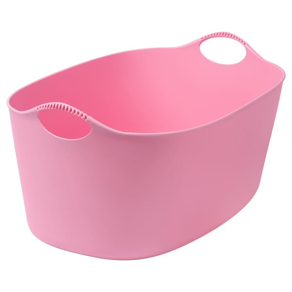 Pink oval laundry basket with handles, flexible plastic, modern design for indoor/outdoor use.