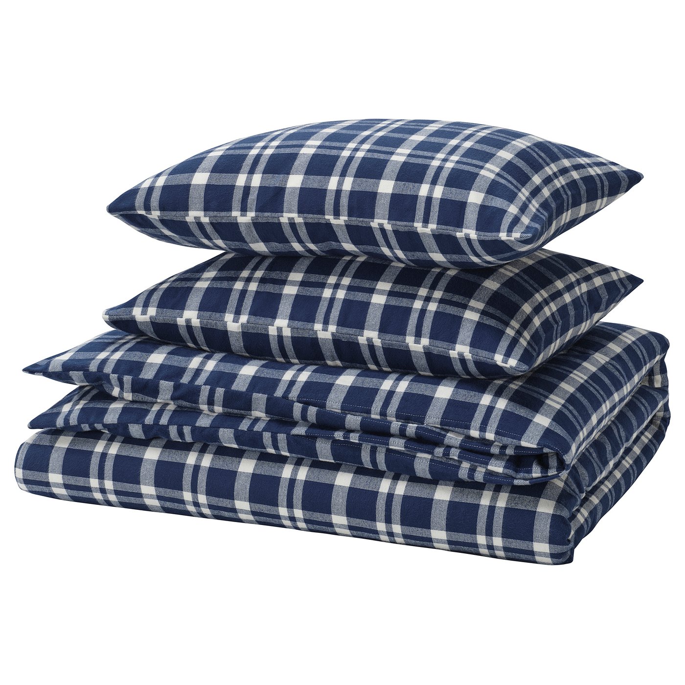 TORNTUSS bed set: navy blue checkered flannel cotton, 3 pieces, folded, soft, cozy.