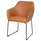 TOSSBERG chair, tan leather, metal frame, curved back & arms.