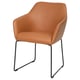 TOSSBERG chair, tan leather, metal frame, curved back & arms.