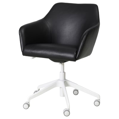 Black TOSSBERG desk chair with cushioned leather seat, high back, and white swivel base.