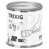 A white cylindrical can of ikea TRIXIG paint, showing black text and graphics, designed for indoor furniture painting.