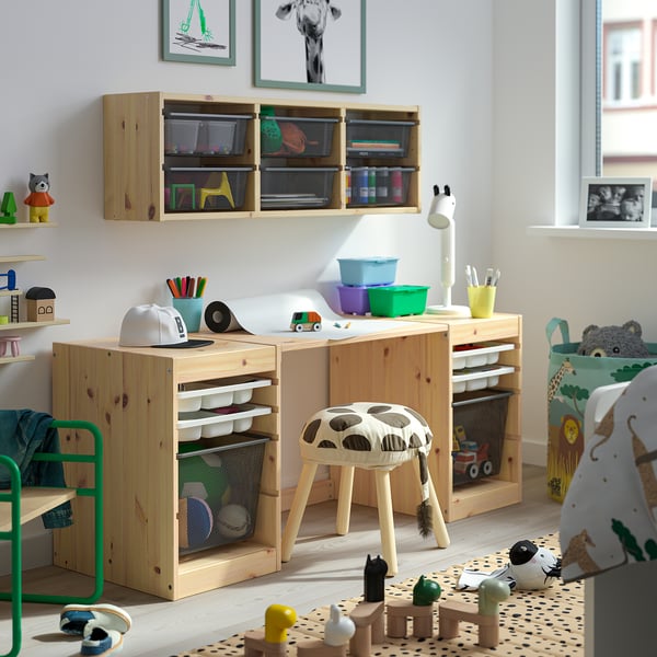 TROFAST Desk with mesh storage boxes/trays, light white stained pine/white dark grey, 124x44x52 cm