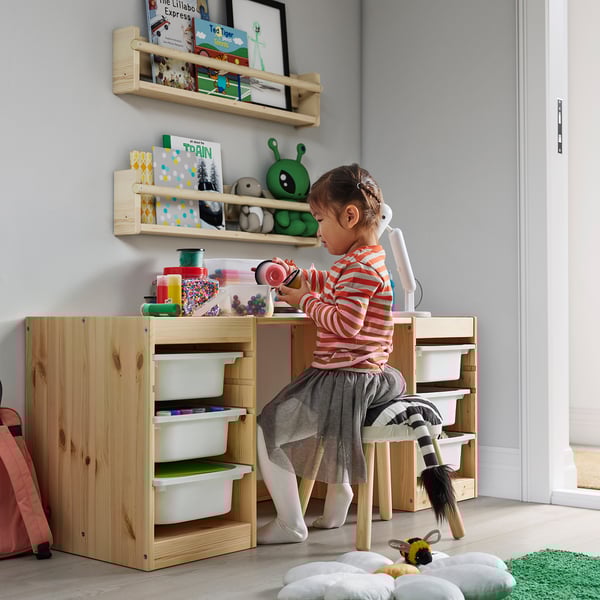 TROFAST Desk with storage boxes, light white stained pine/light green bright green, 124x44x52 cm