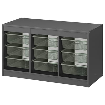 A gray TROFAST storage unit with multiple mesh storage boxes for organizing items.