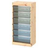 TROFAST storage unit, light wood with blue mesh, rectangular with multiple shelves.