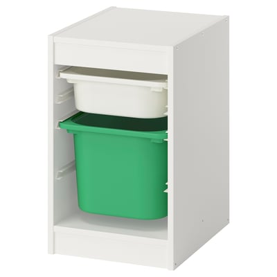 A white TROFAST storage unit with green and white plastic containers.