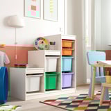 TROFAST kids storage with colorful boxes and white frame in bright room.
