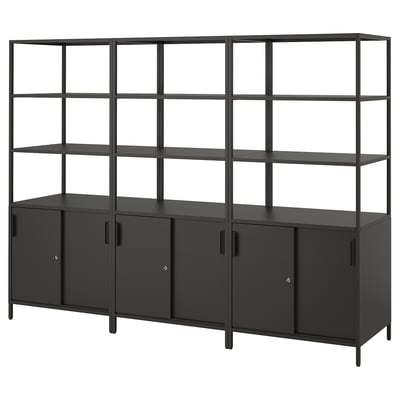 A black TROTTEN shelving unit with metal frames and closed cabinets.