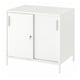 A white TROTTEN double-sided cabinet with sliding doors, ideal for space division. It adjustable shelves and feet for stability on uneven floors.