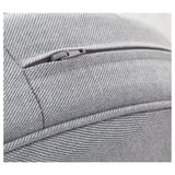 Close-up of a cozy, grey fabric armchair with a detailed zipper, showcasing its quality and texture.