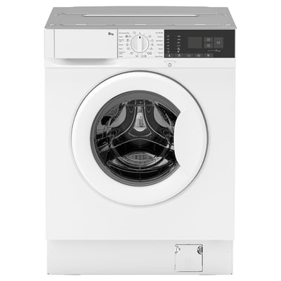White front-loading washing machine with digital controls and steam function.