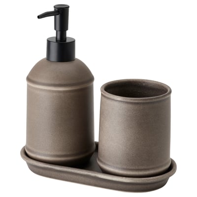 TVÅLSJÖN soap dispenser & toothbrush holder, bronze, stoneware, cylindrical, modern rustic design.