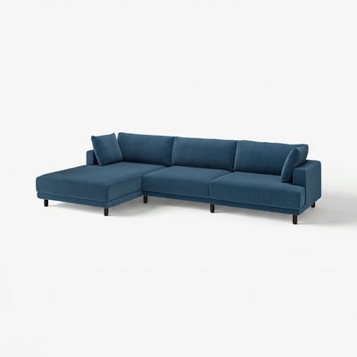 Modern u-shaped blue sofa, cushioned, wooden legs, cosy design.