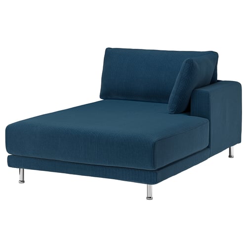 Blue cushioned chair with soft wide-wale corduroy material and chrome legs.