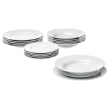 White UPPLAGA porcelain dishes, square with ruffled edges, neatly stacked.