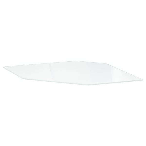 This image shows an UTRUSTA glass shelf, clear and rectangular, with a smooth edge design. Its made of tempered glass.