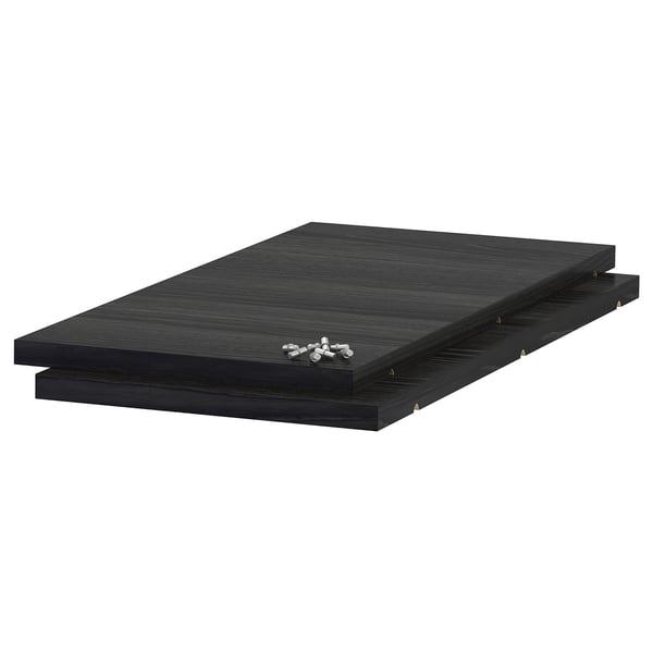 Black UTRUSTA melamine shelves, 2-tier, durable, easy-clean surface.