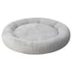 Cylindrical grey pet bed, plush material, raised edges for comfort.