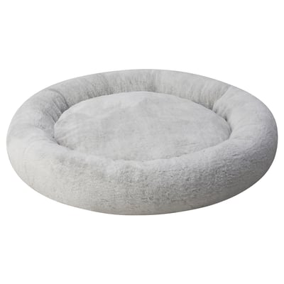 Cylindrical grey pet bed, plush material, raised edges for comfort.
