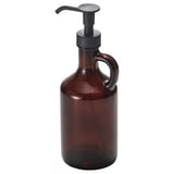 A VÄLVÅRDAD soap dispenser, dark brown, with a classic design. It a glass bottle with a stainless steel pump.